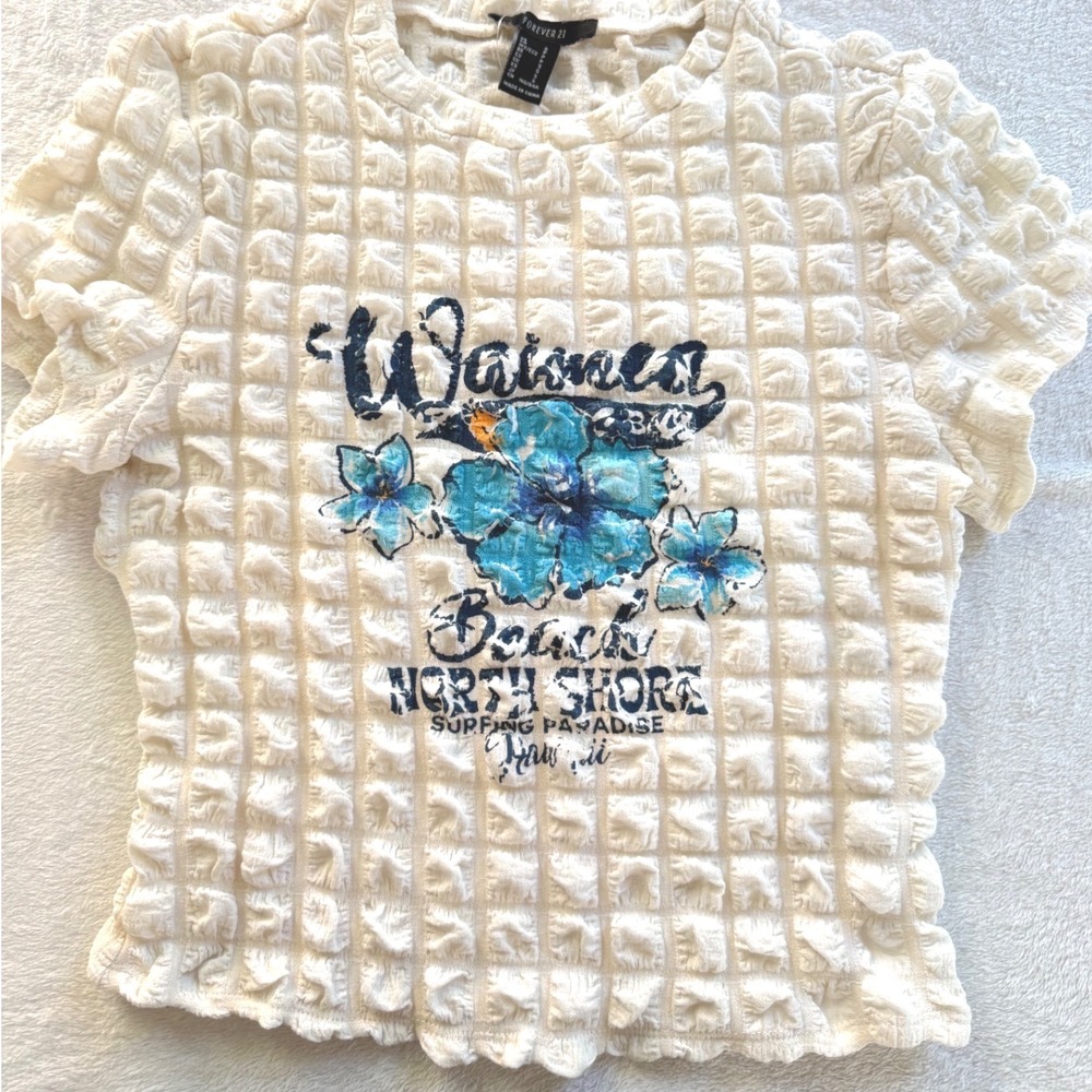 Forever 21 Popcorn Top Womens Small Cream Hawaii Hibiscus Graphic Y2K Crop Tee